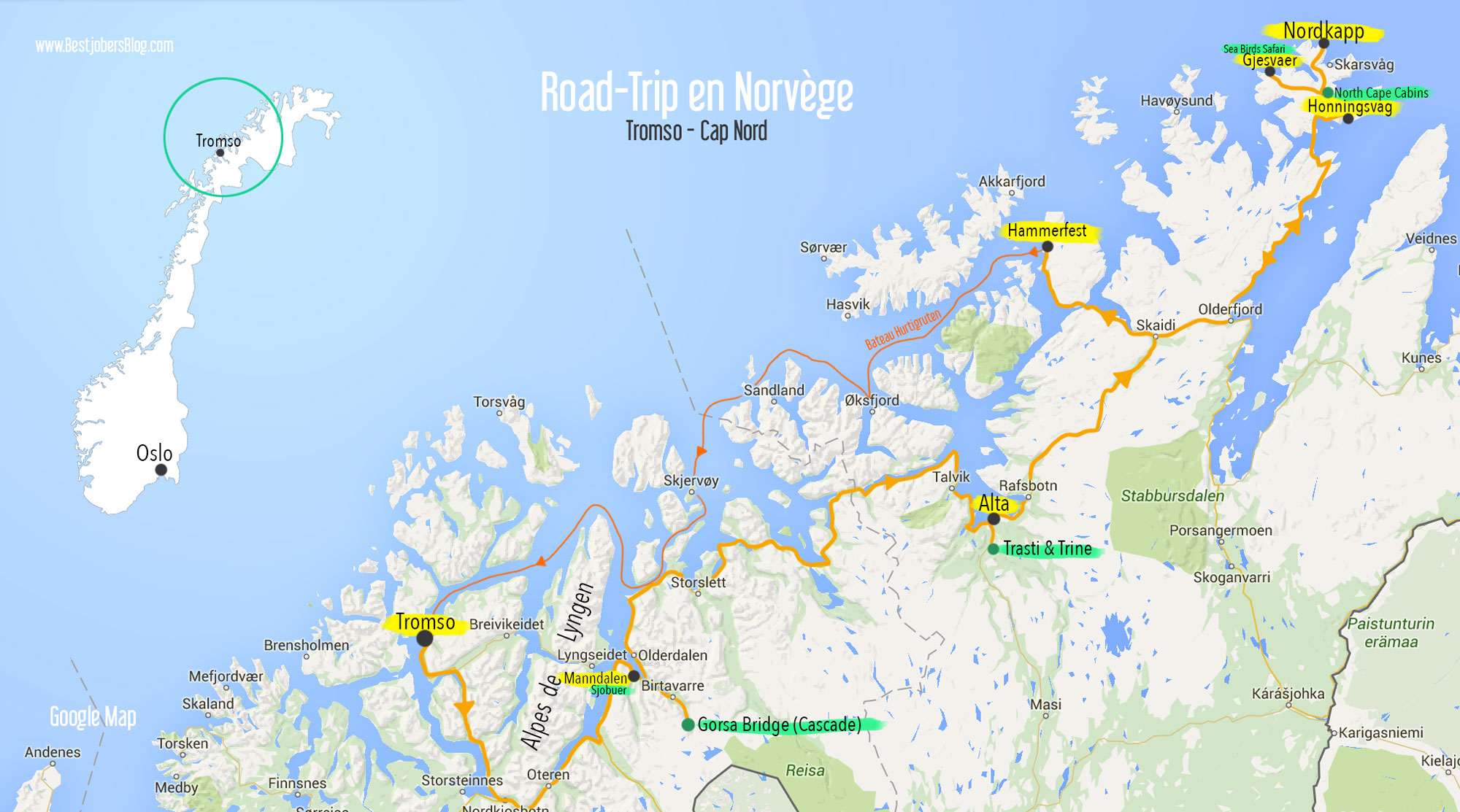 itinéraire road trip norvege carte tromso-cap nord