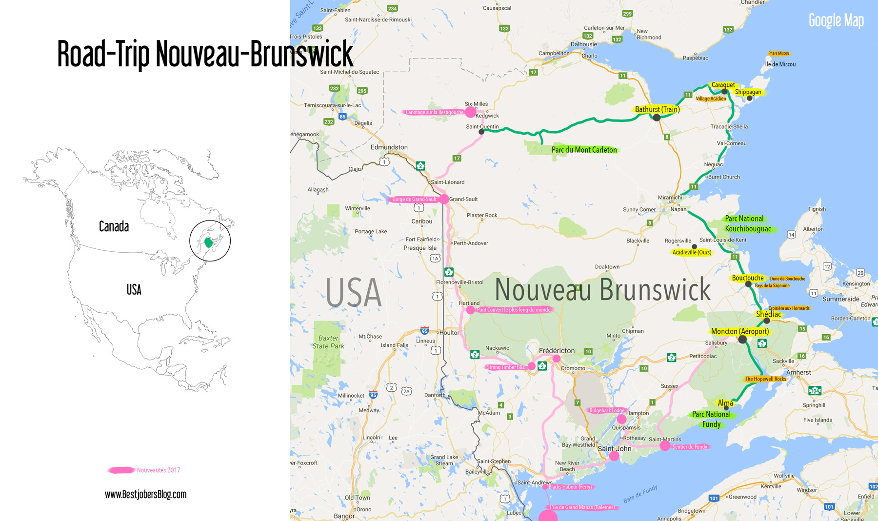 Carte et itinéraire, Road Trip Nouveau-Brunswick, Canada