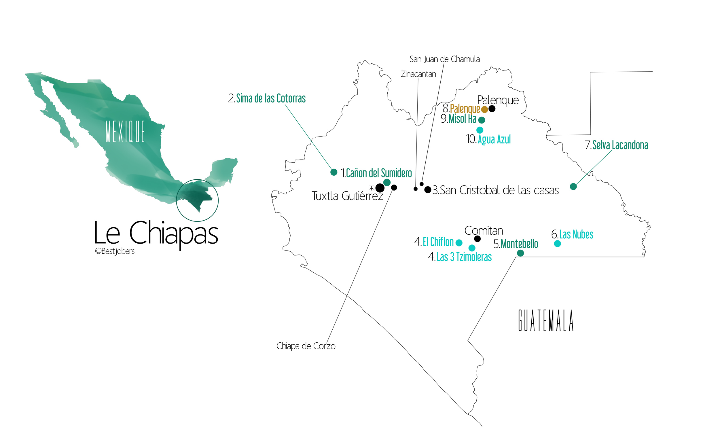 Carte et Itinéraire 8 jours au Chiapas, Mexique