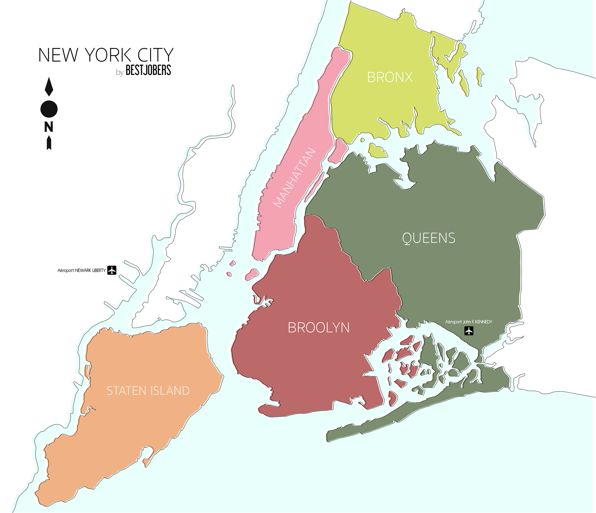 Les QUARTIERS de NEW YORK, Carte by Bestjobers