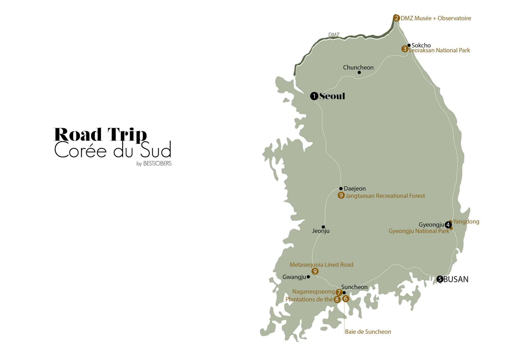 Carte road-trip en Corée du Sud